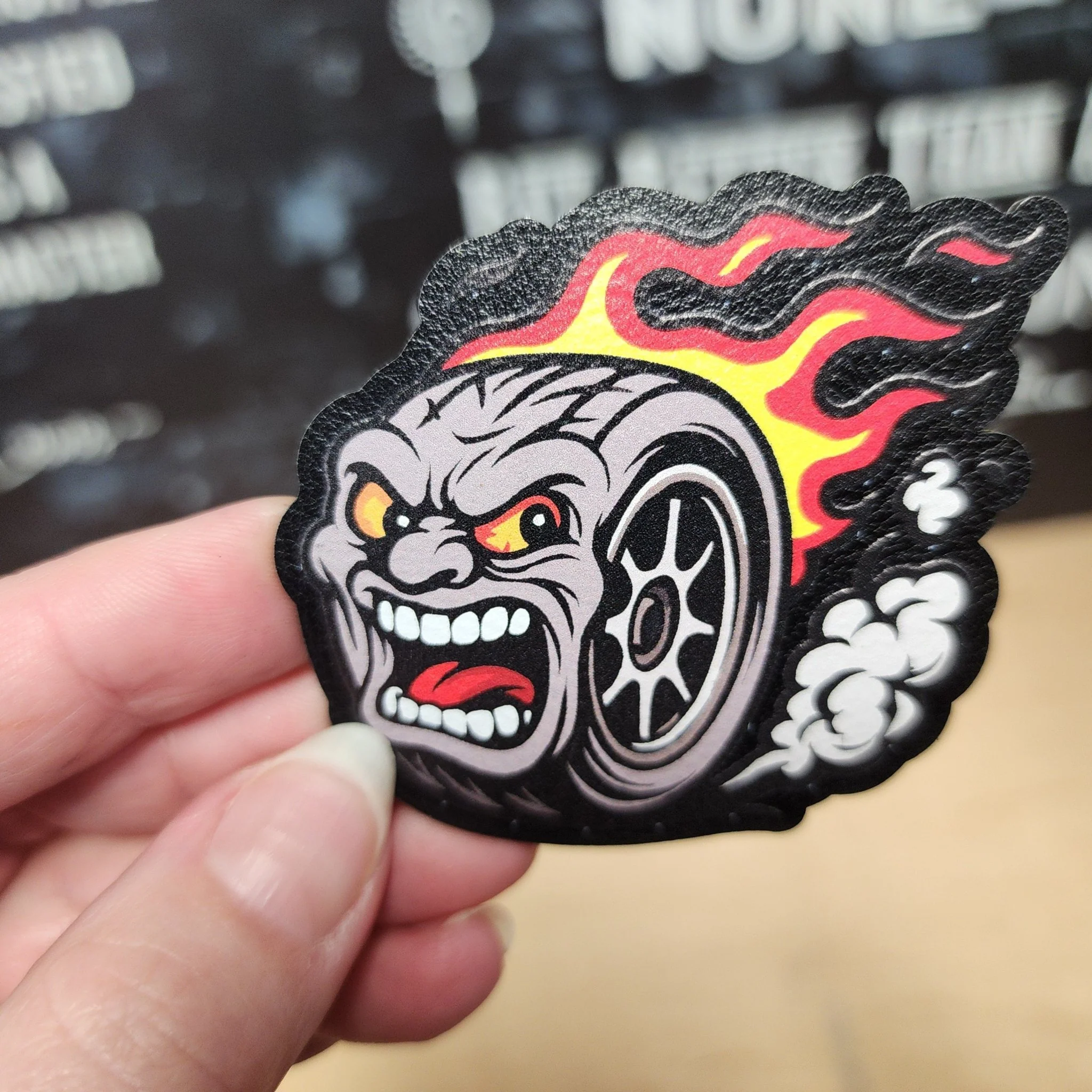 Tire Monster Car Racing UV Printed Leatherette Hat Patch - MR01