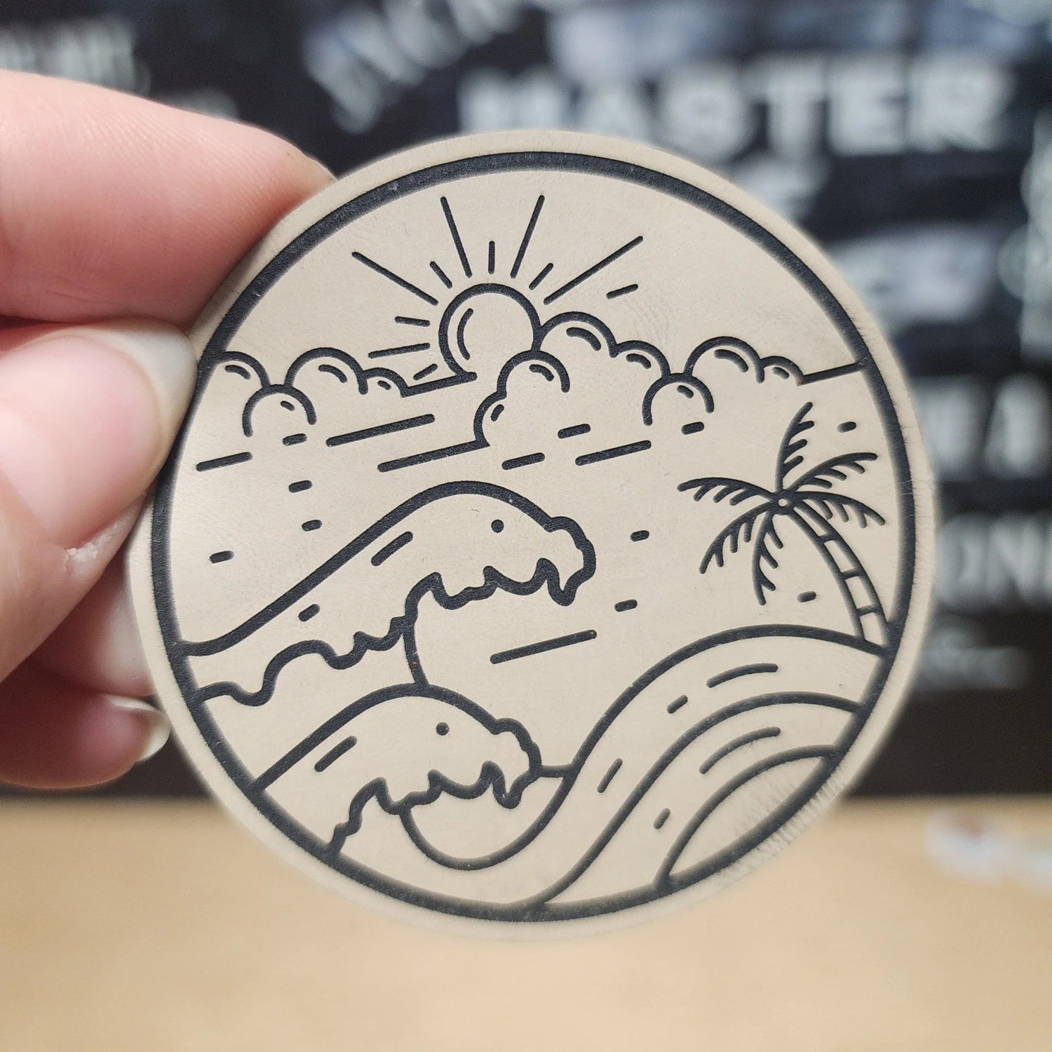 Tropical Waves and Sunrise (Cream Sand) Engraved Leatherette Hat Patch - MR01