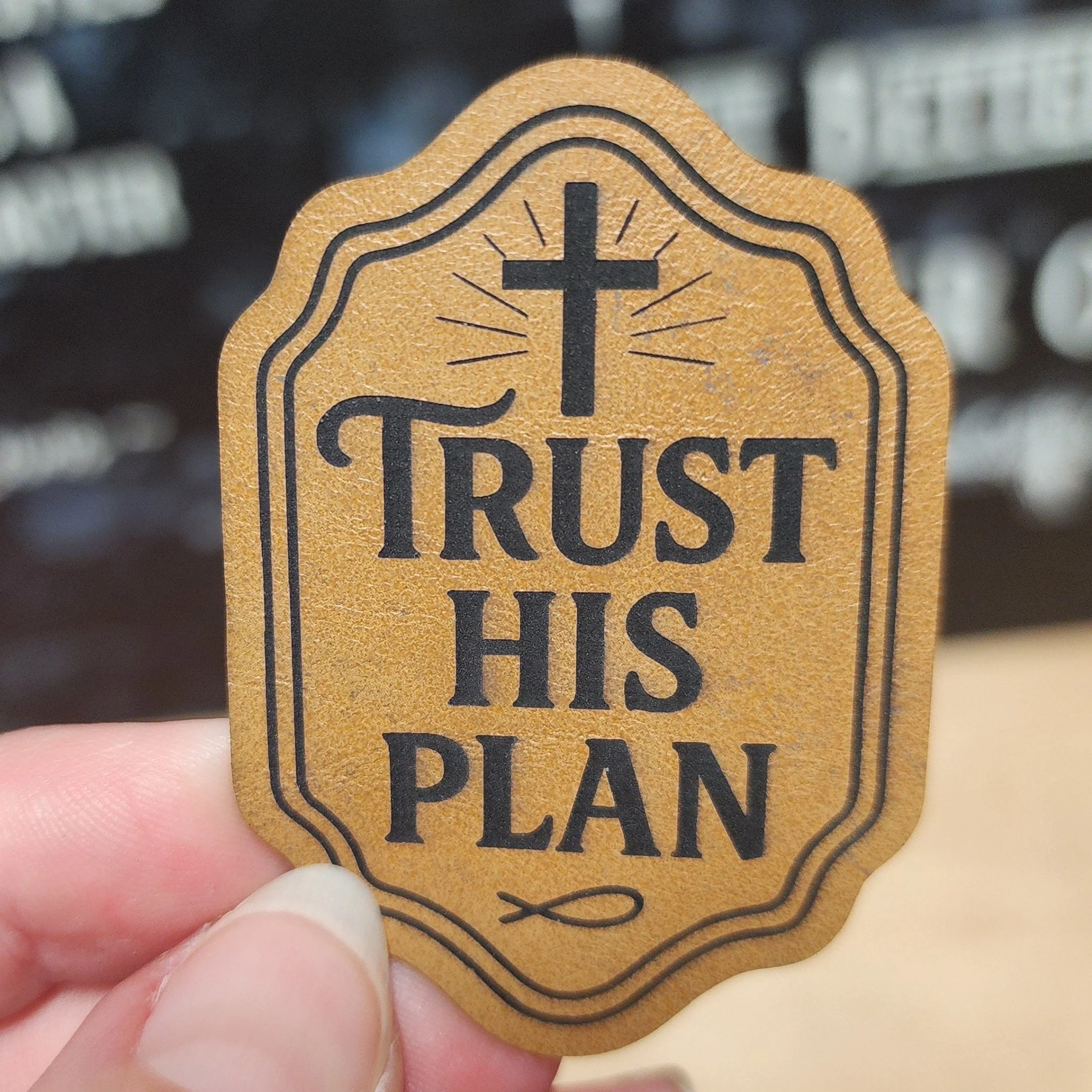 Trust His Plan Cross (Saddle Tan) Engraved Leatherette Hat Patch - MR01