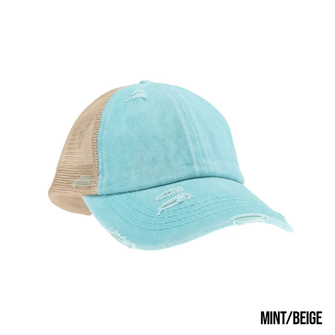 Washed Denim Criss Cross High Pony Ball Caps by CC - Image 3