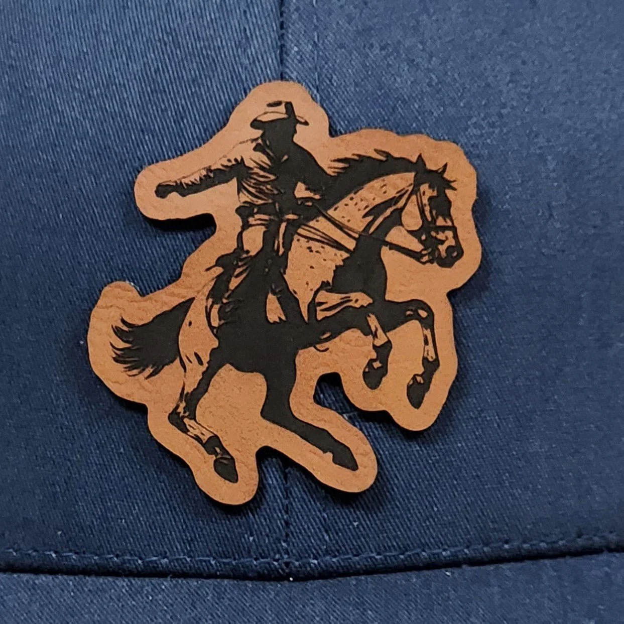 Wild West Cowboy on Horse Engraved Leatherette Hat Patch - MR01